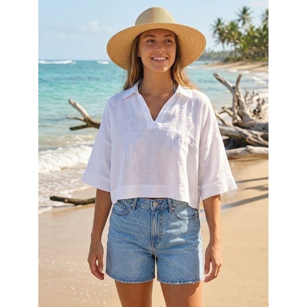Calypso St Barth Womens Small 100% Linen White Boxy Cropped Semi Sheer Top Boho